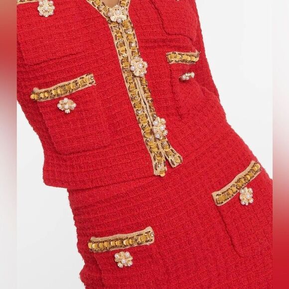 NWOT SELF-PORTRAIT BEAD-EMBELLISHED WAFFLE-KNIT V NECK TWEED CARDIGAN - RED - Picture 3 of 14